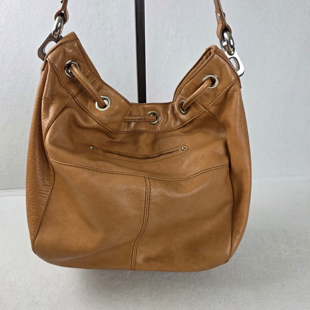 B Makowsky Tan Pebbled Leather Hobo Shoulder Bag Leopard Print Lining Drawstring - Picture 2 of 7